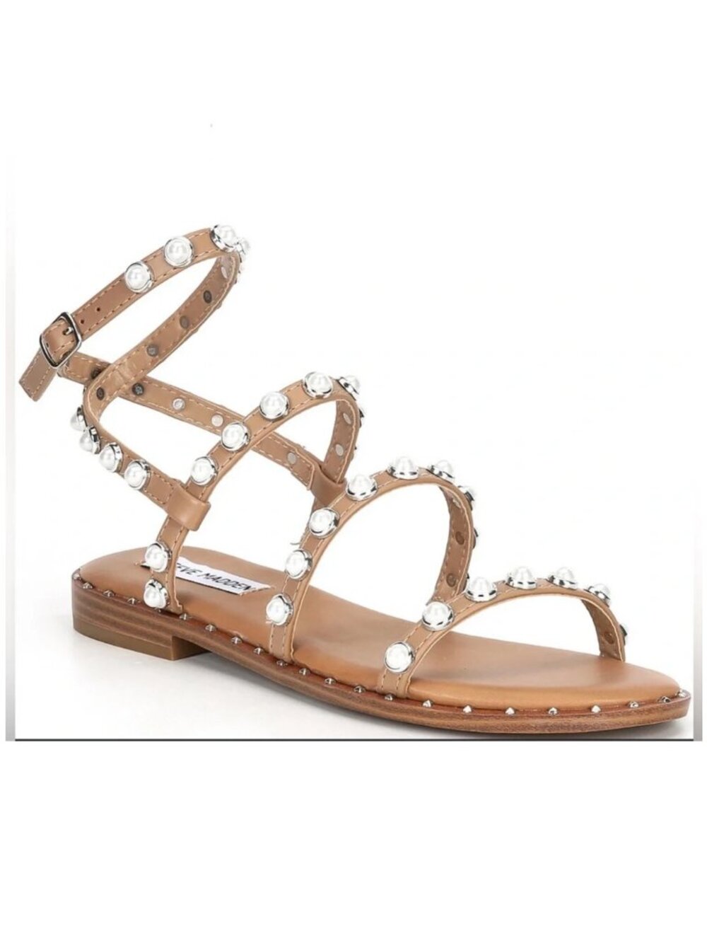 Steve Madden Women's Flat Sandals in tan leather w/pearl-like studs. Sz 9.5